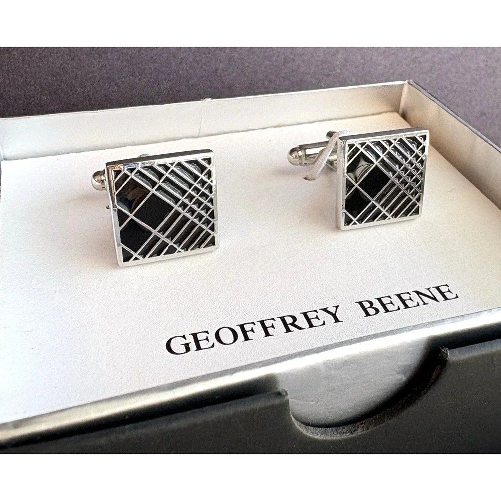 Geoffrey Beene Men's Cufflinks Silver & Black Enamel‎ Square Geometric Classic